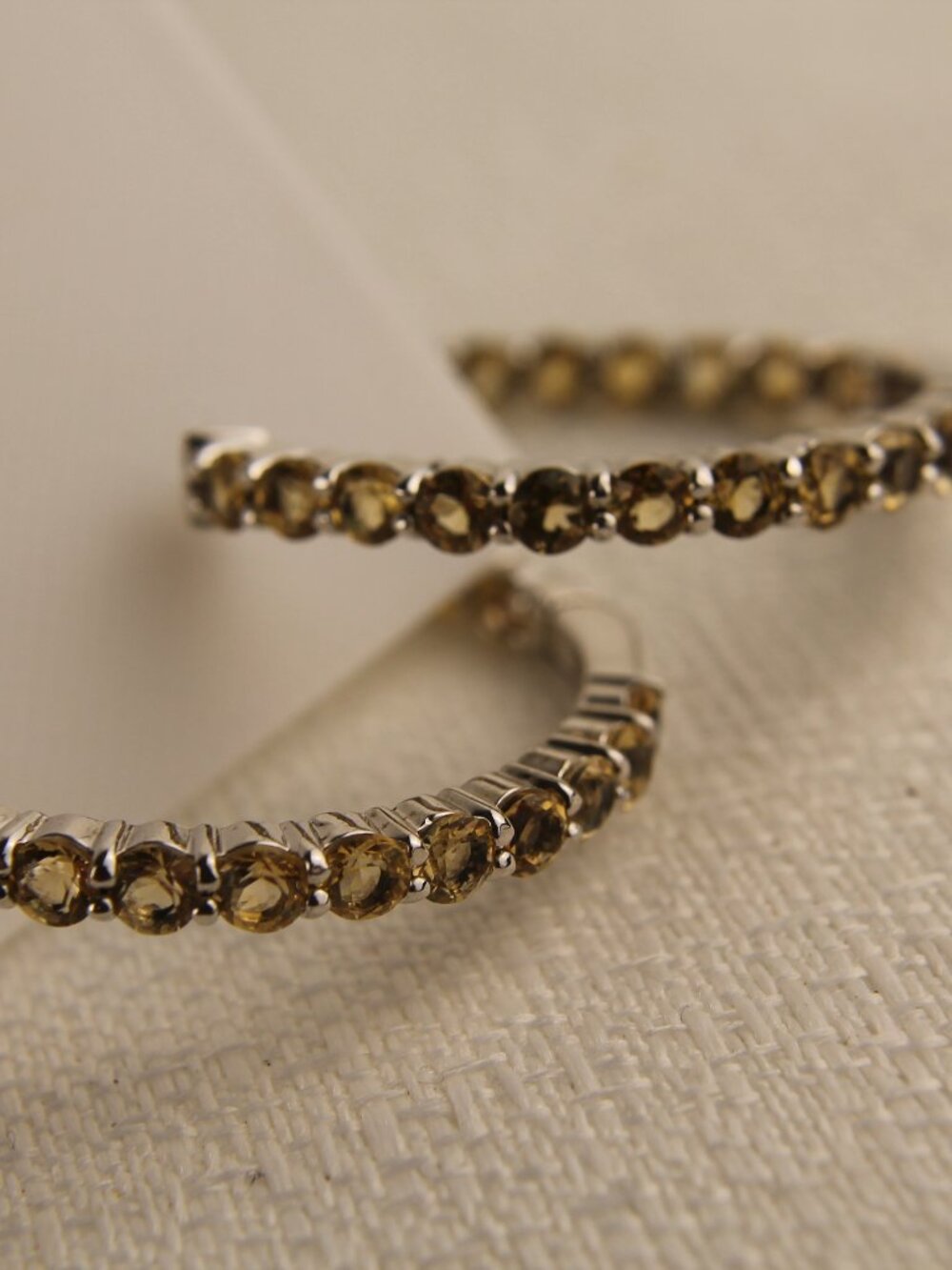 Silver Tone Yellow Crystal Rhinestone Pavé Half Hoop Earrings